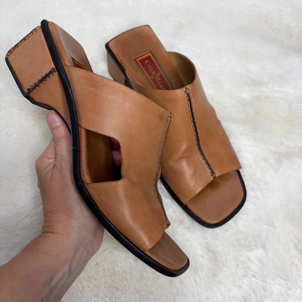 Cole Haan Studio Womens 6.5 B Tan Leather Square Toe Block Heel Slide Sandals